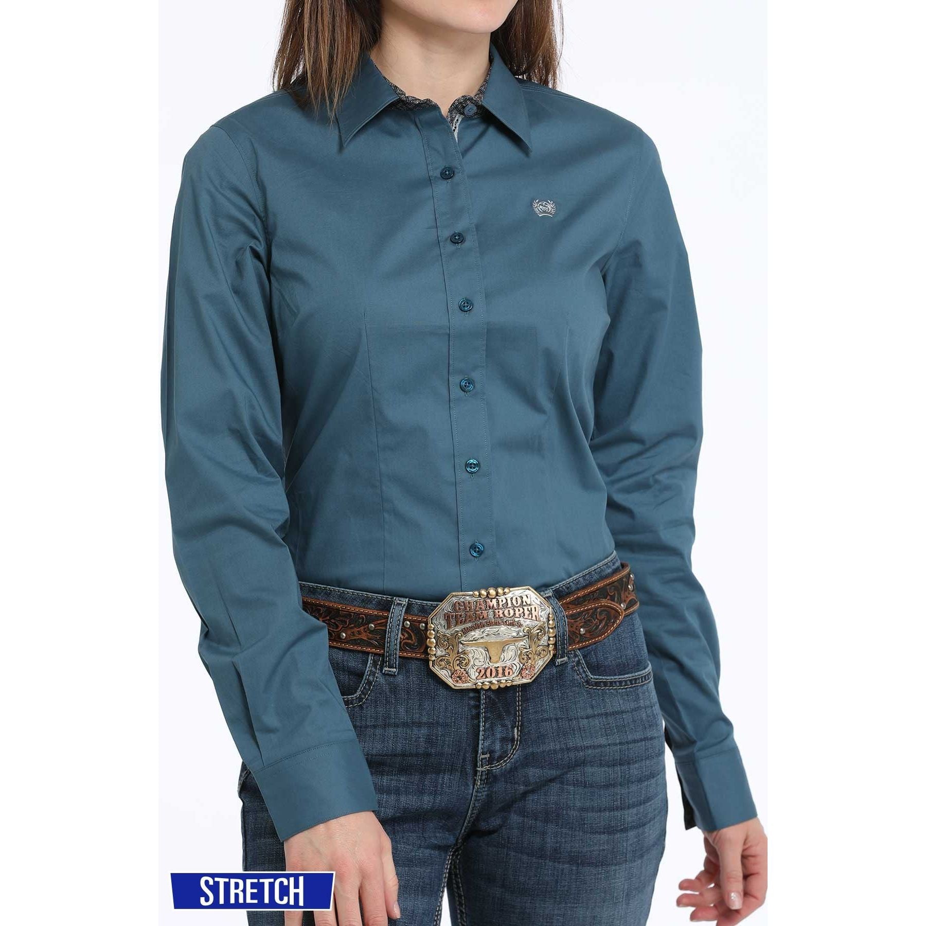 WOMEN'S SOLID BUTTON-DOWN WESTERN SHIRT - TEAL #MSW9165060