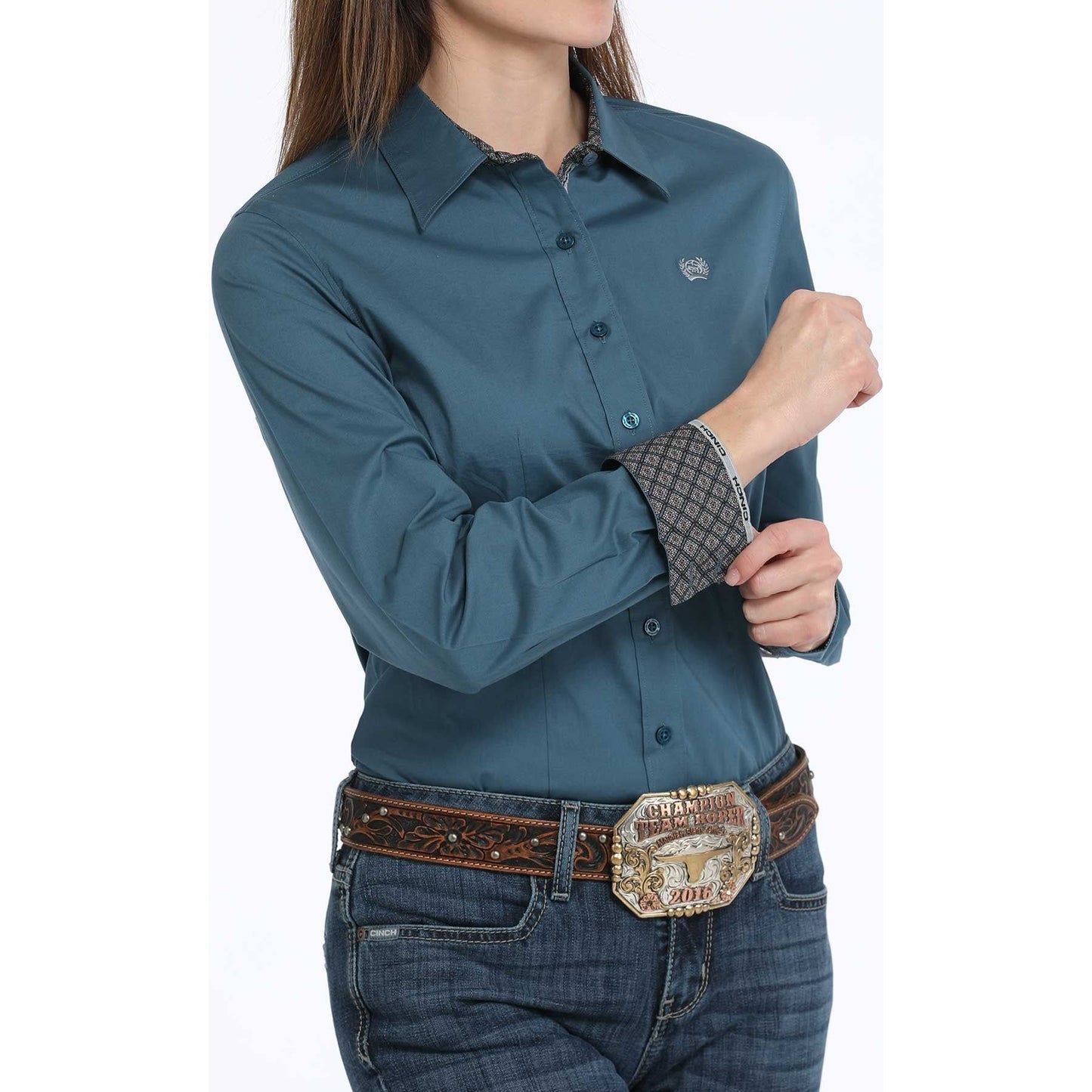 WOMEN'S SOLID BUTTON-DOWN WESTERN SHIRT - TEAL #MSW9165060