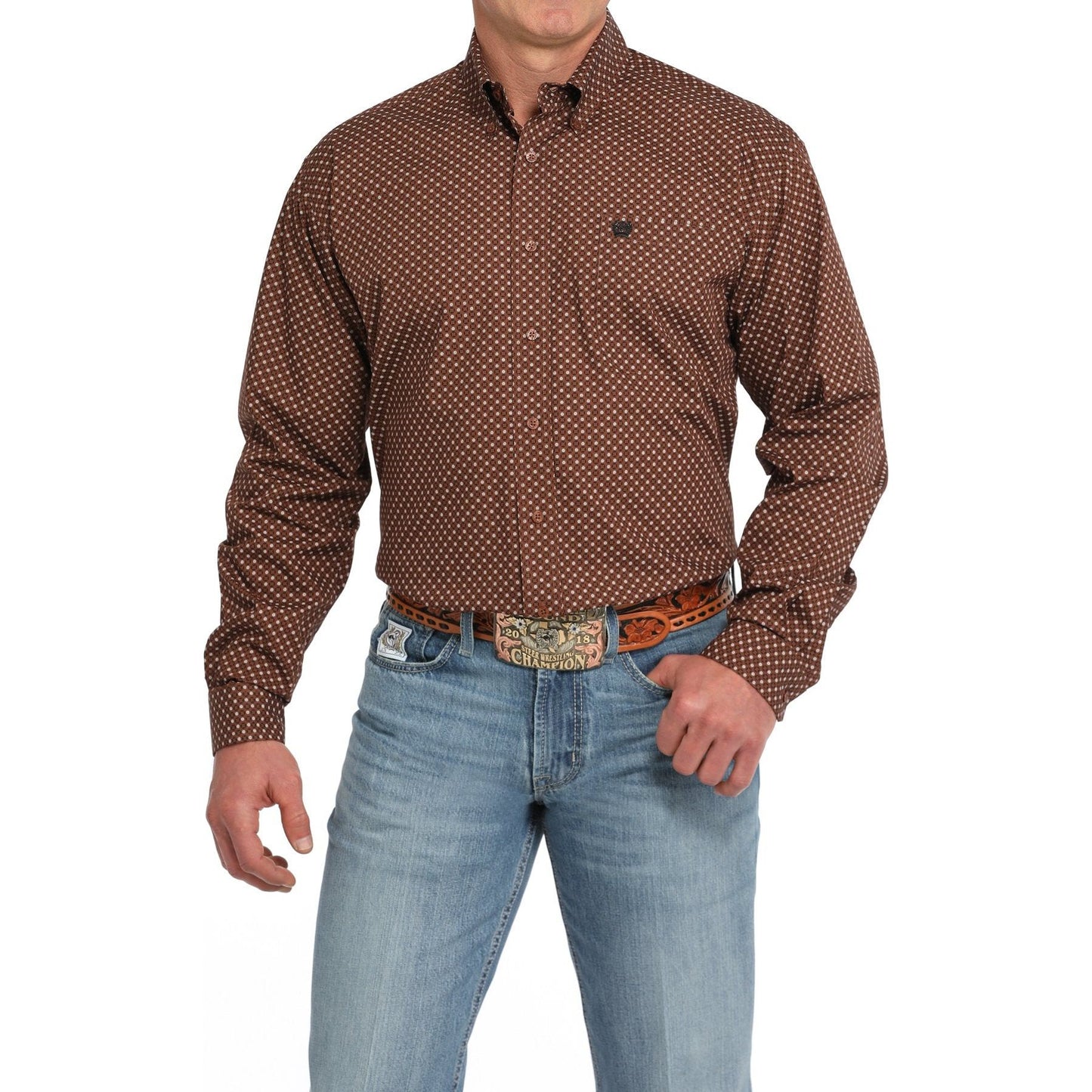 MEN'S GEOMETRIC PRINT BUTTON DOWN WESTERN SHIRT - BROWN #MTW1105835