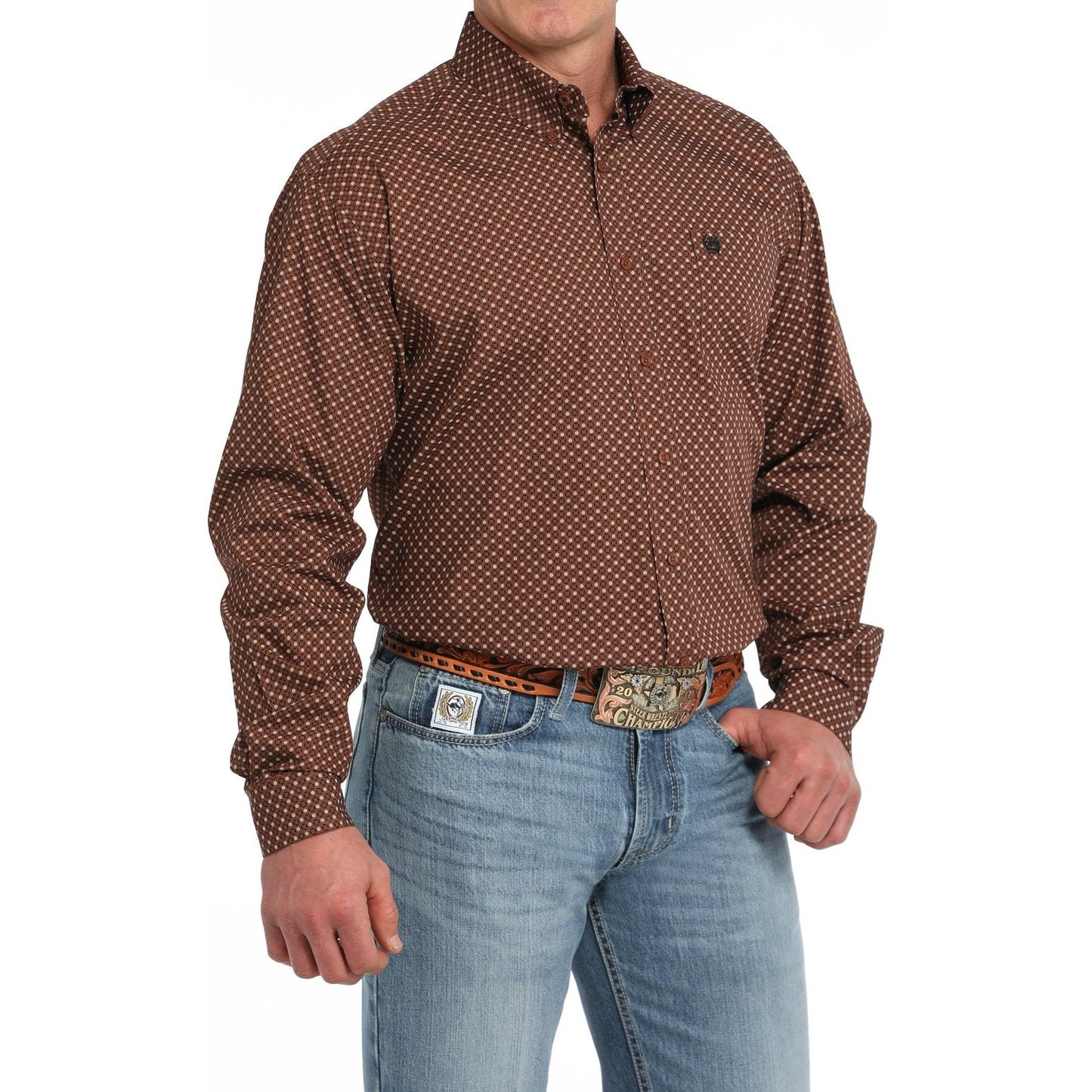 MEN'S GEOMETRIC PRINT BUTTON DOWN WESTERN SHIRT - BROWN #MTW1105835