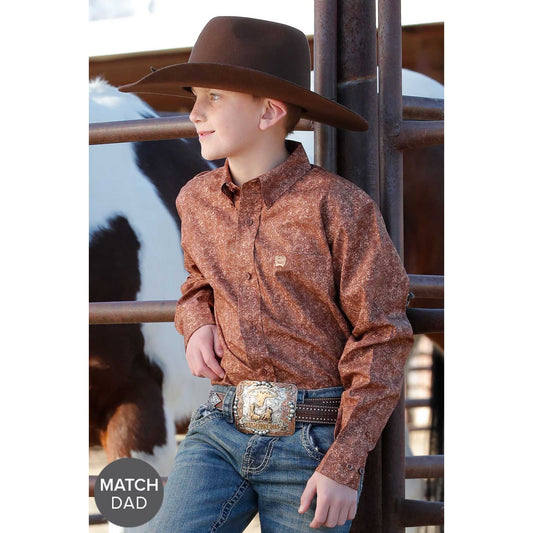 BOY'S PAISLEY PRINT BUTTON-DOWN WESTERN SHIRT - BROWN #MTW7060359