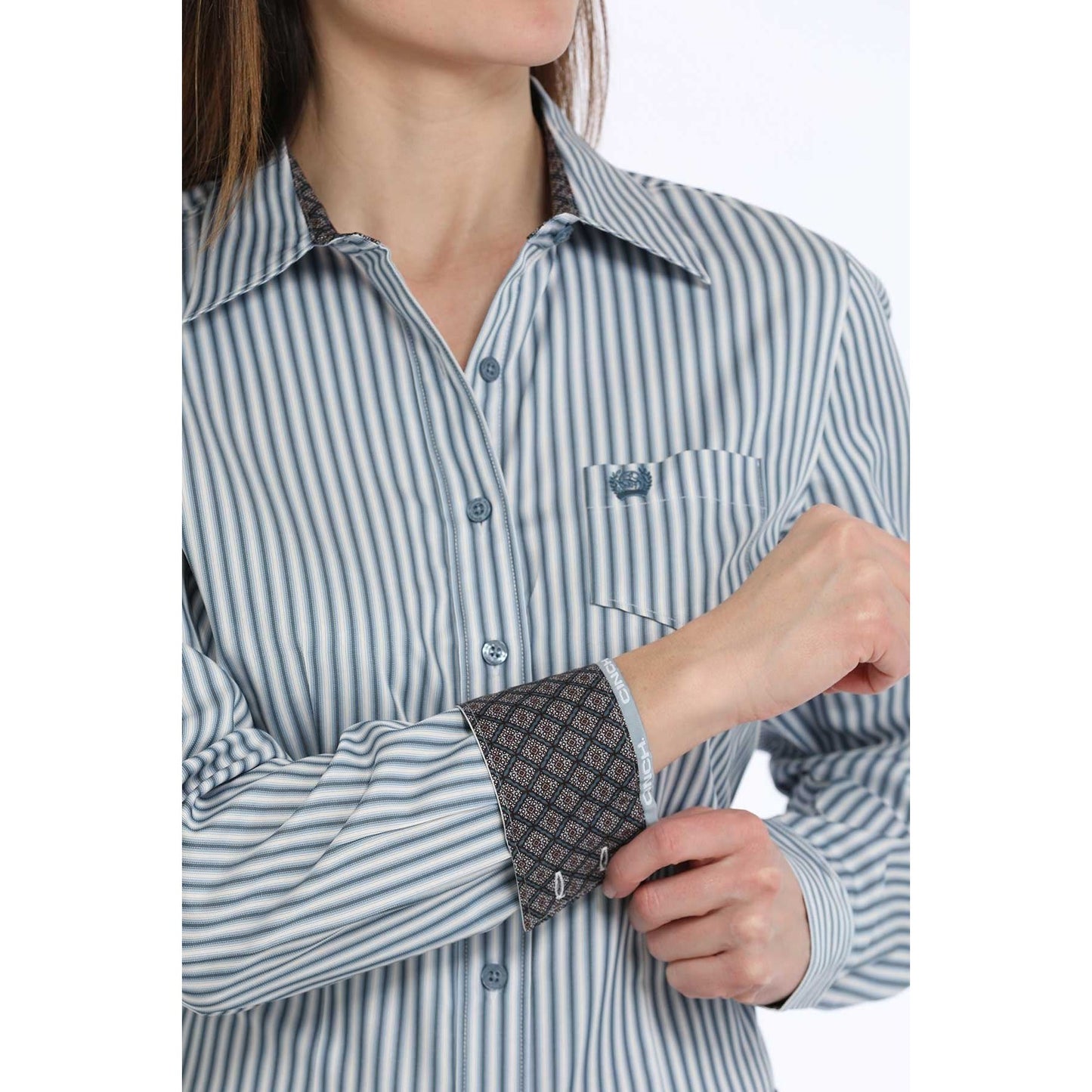 WOMEN'S STRIPE BUTTON-DOWN WESTERN SHIRT - BLUE/WHITE #MSW9164230