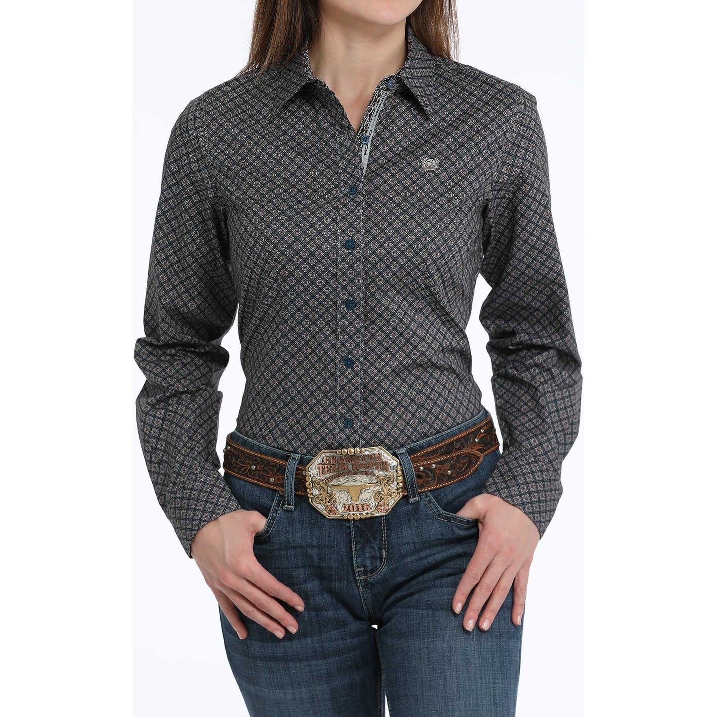 WOMEN'S GEOMETRIC PRINT BUTTON-DOWN WESTERN SHIRT - MULTI #MSW9165061