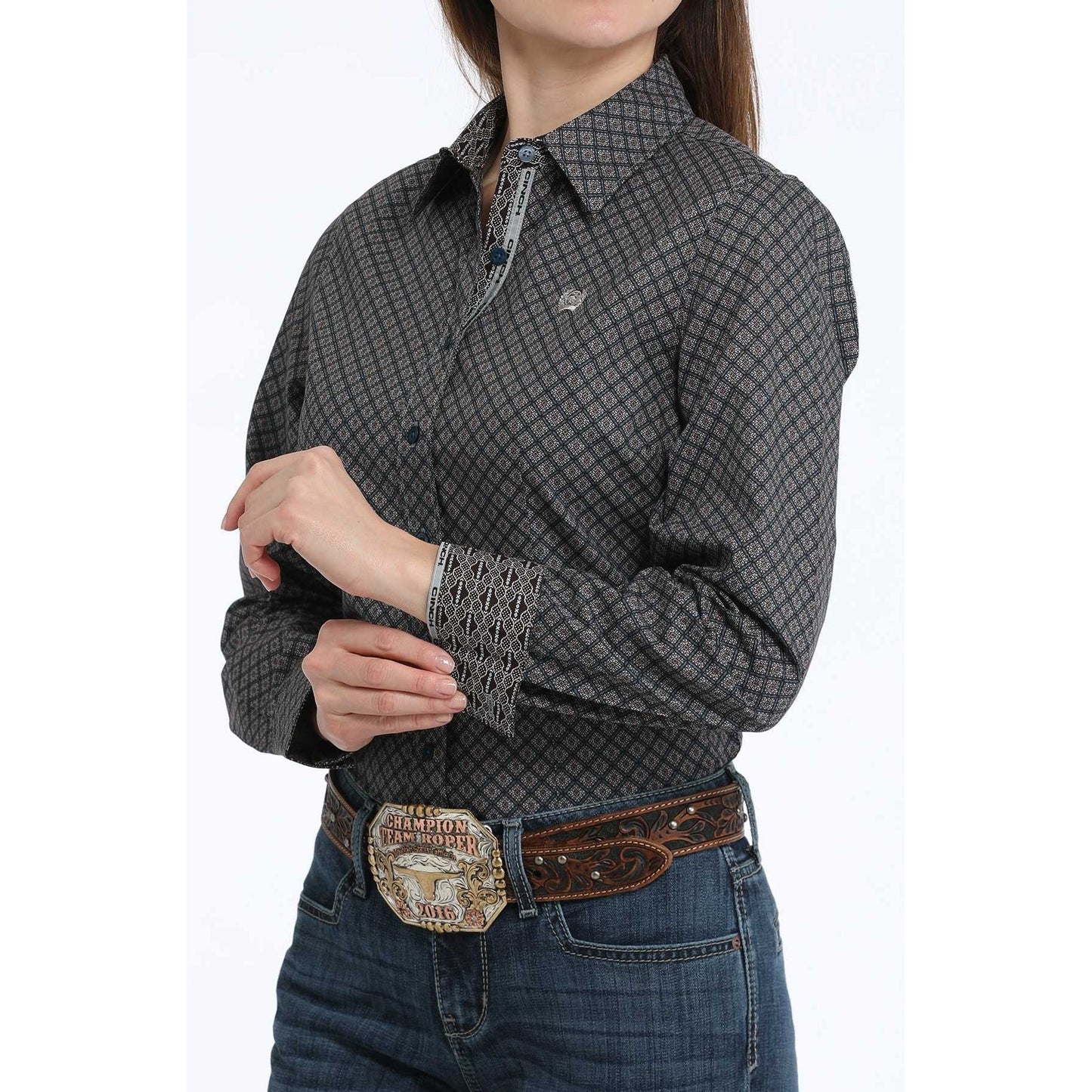 WOMEN'S GEOMETRIC PRINT BUTTON-DOWN WESTERN SHIRT - MULTI #MSW9165061