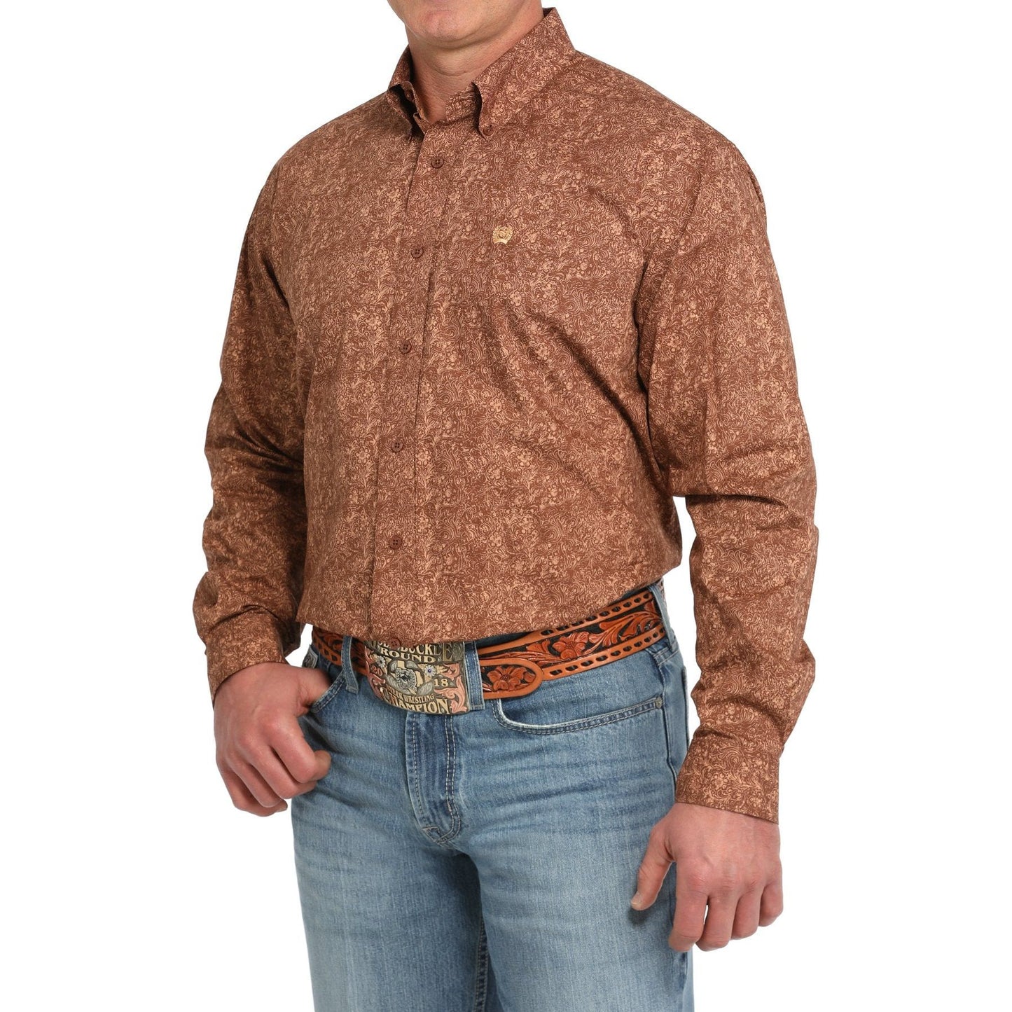 MEN'S PAISLEY PRINT BUTTON-DOWN WESTERN SHIRT - BROWN #MTW1105832