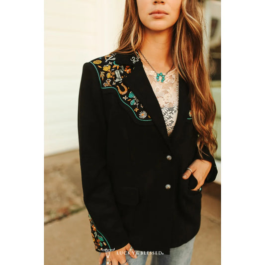 Lucky & Blessed Womens Black Suede Embroidered Sleeve Blazer - JO212-BLK
