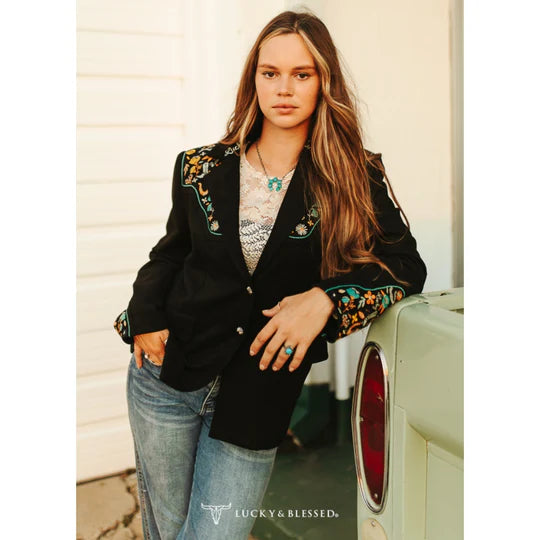 Lucky & Blessed Womens Black Suede Embroidered Sleeve Blazer - JO212-BLK