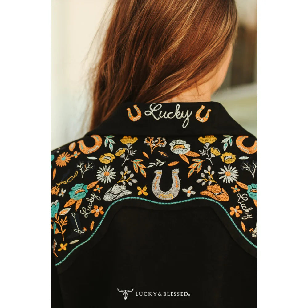 Lucky & Blessed Womens Black Suede Embroidered Sleeve Blazer - JO212-BLK