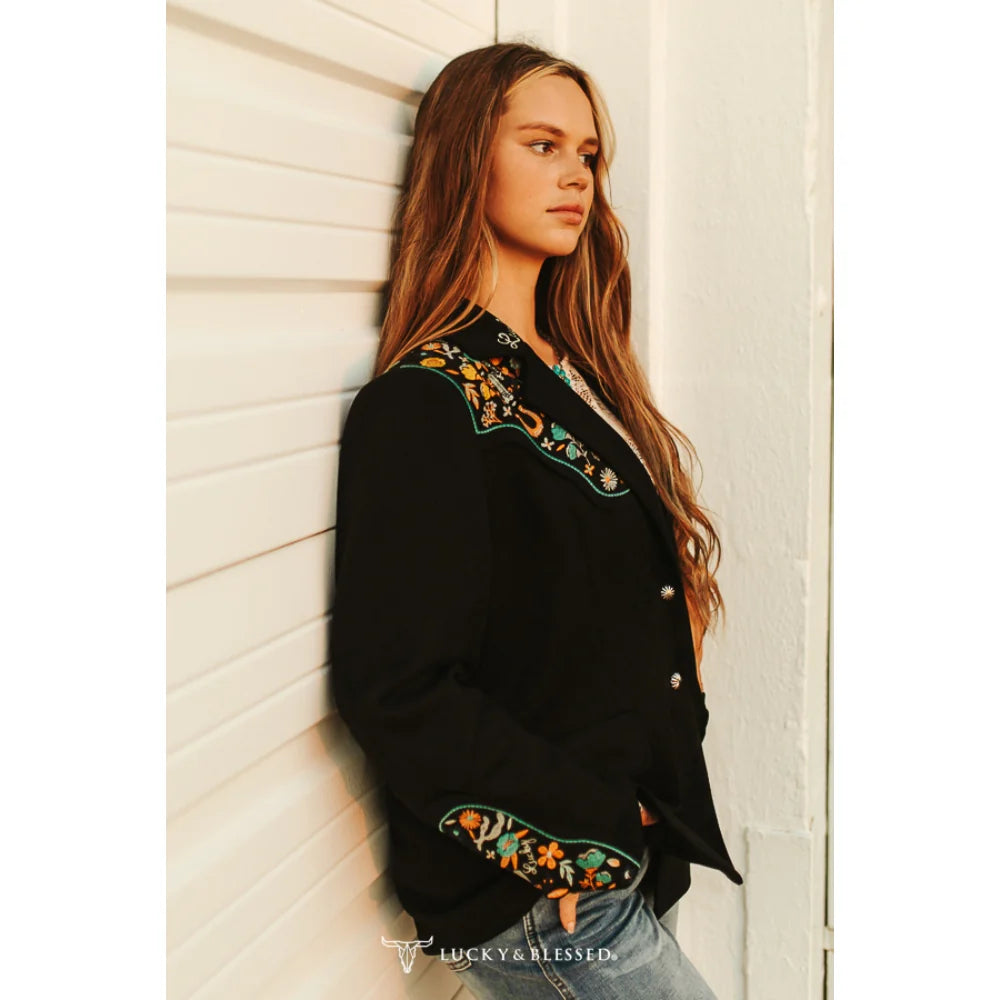Lucky & Blessed Womens Black Suede Embroidered Sleeve Blazer - JO212-BLK