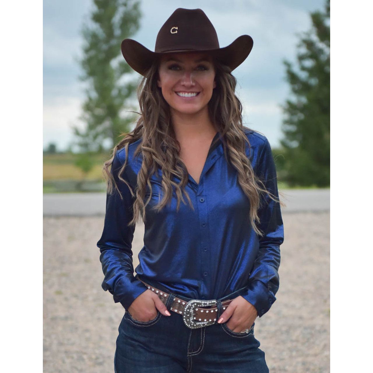 Cowgirl Tuff Pullover Button Up (Dark Sapphire Blue Shimmer Lightweight Stretch Jersey)