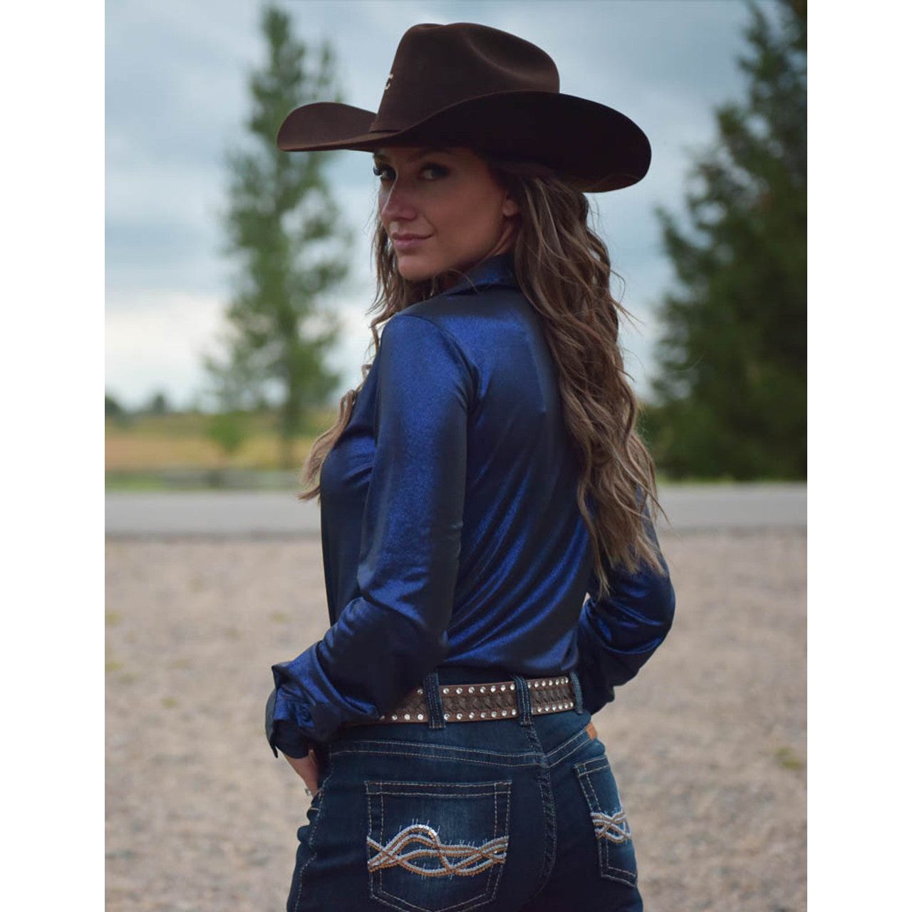 Cowgirl Tuff Pullover Button Up (Dark Sapphire Blue Shimmer Lightweight Stretch Jersey)