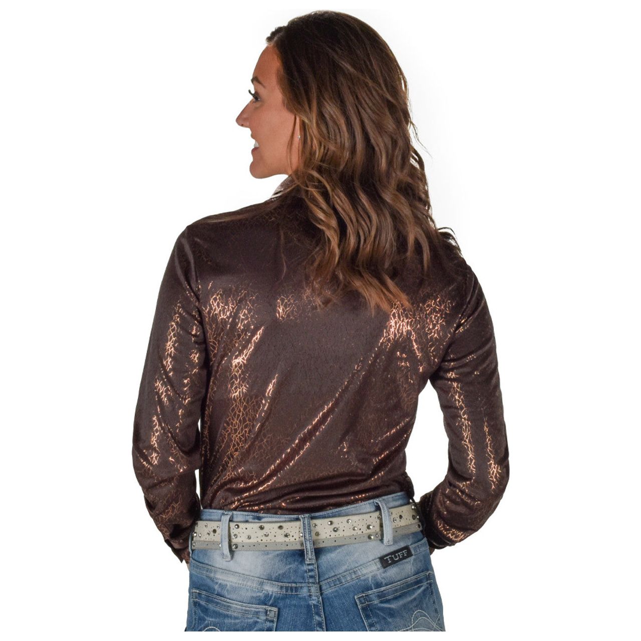 Cowgirl Tuff Pullover Button Up (Brown Foil Crackle Print Lightweight Stretch Jersey)