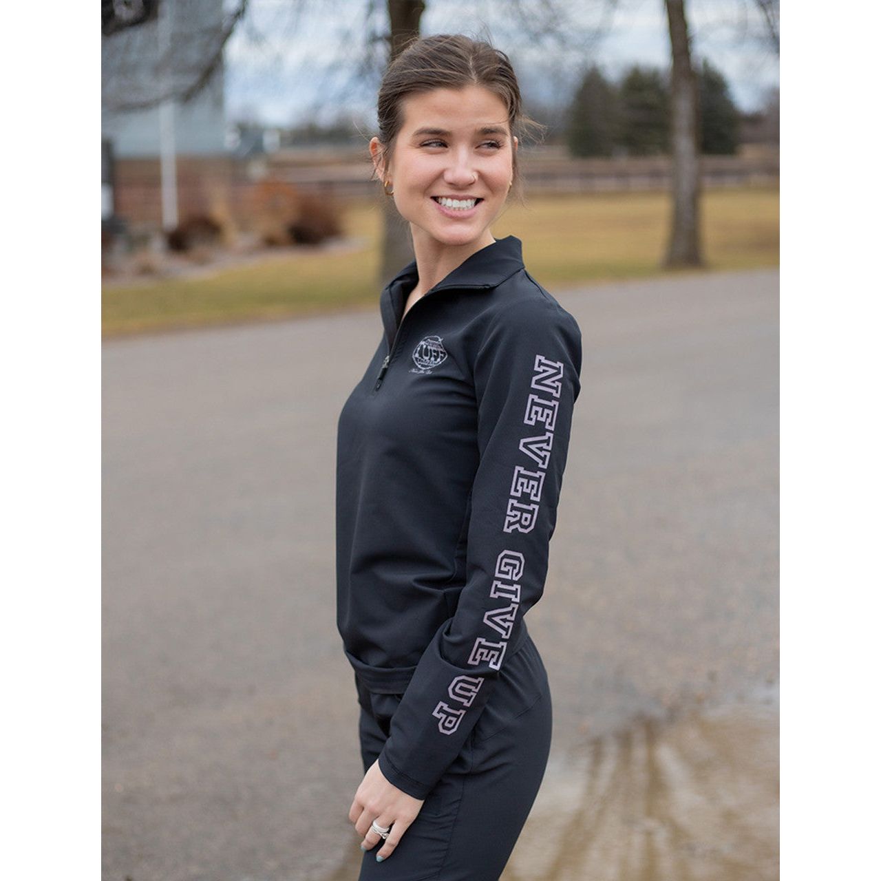 Cowgirl Tuff Quarter Zip Cadet (Black Mid-Weight Stretch Unlined Microfiber With Gray Printed Logos)