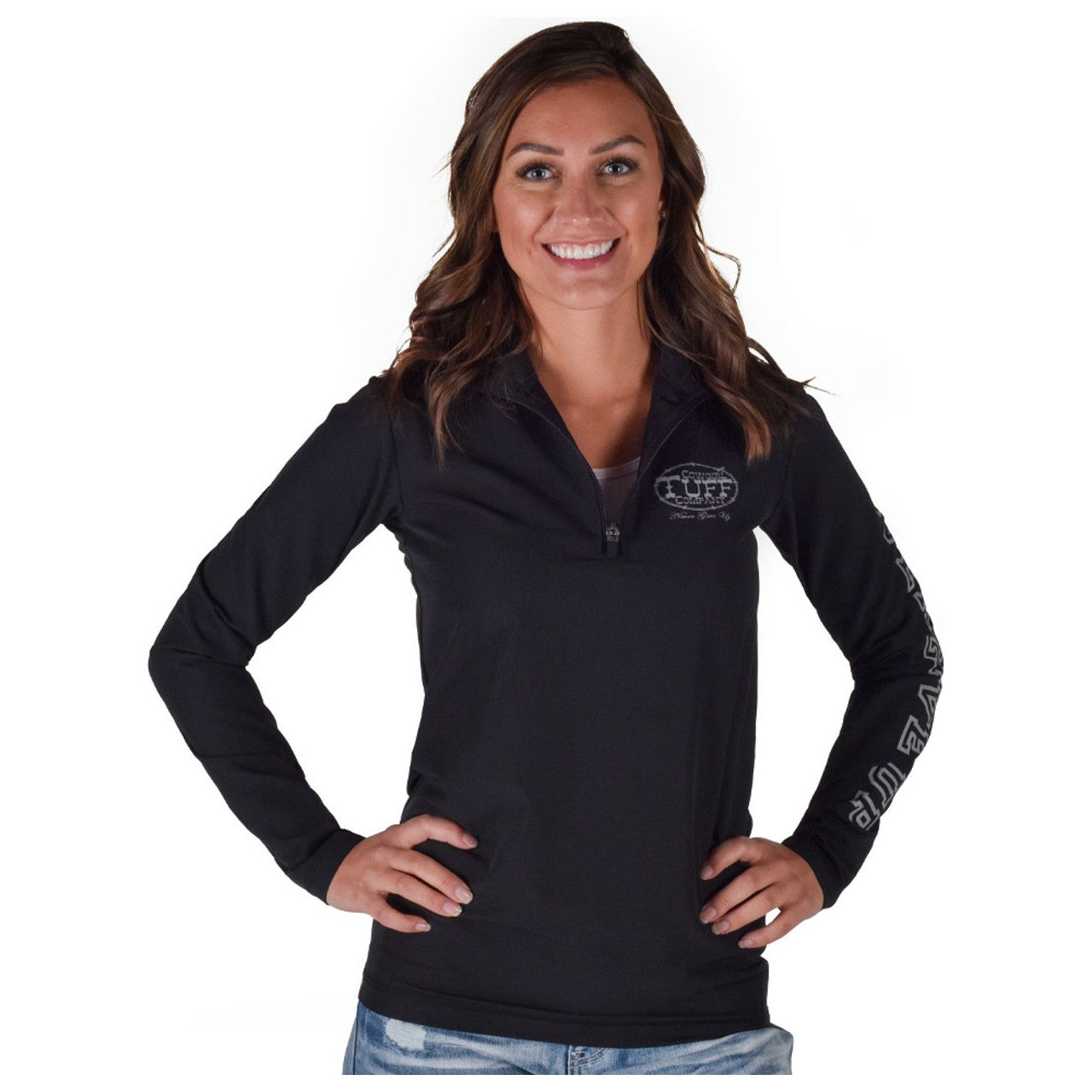 Cowgirl Tuff Quarter Zip Cadet (Black Mid-Weight Stretch Unlined Microfiber With Gray Printed Logos)