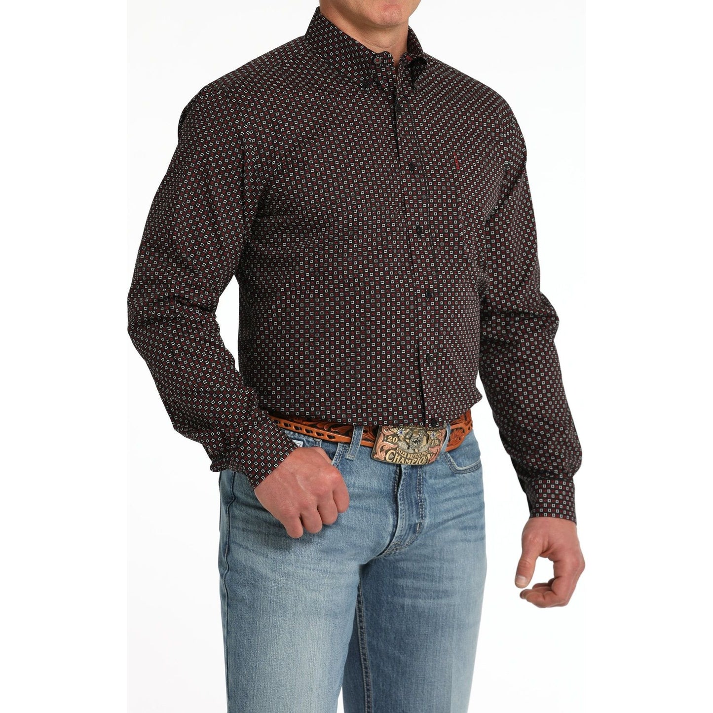 MEN'S MODERN FIT GEOMETRIC PRINT BUTTON-DOWN WESTERN SHIRT - BLACK #MTW1347117