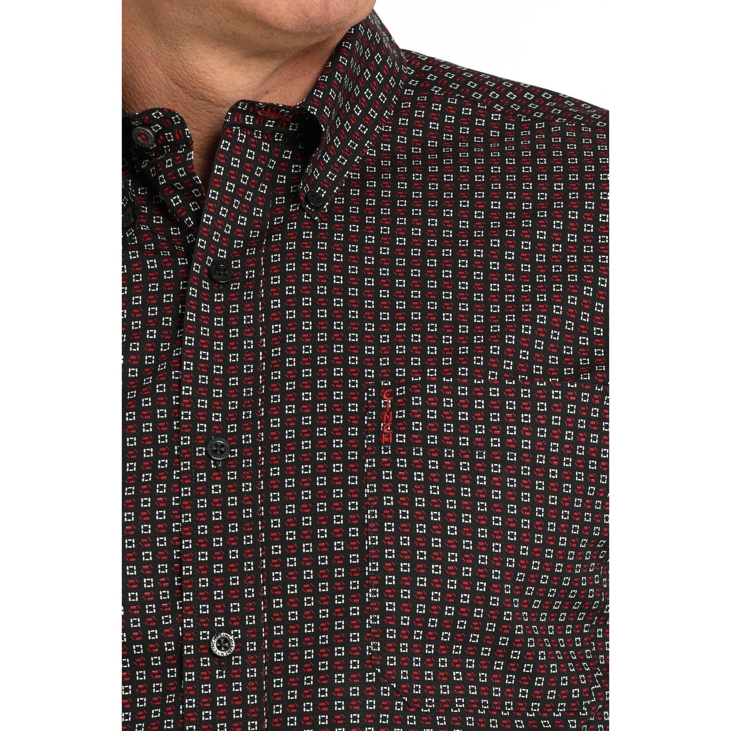 MEN'S MODERN FIT GEOMETRIC PRINT BUTTON-DOWN WESTERN SHIRT - BLACK #MTW1347117