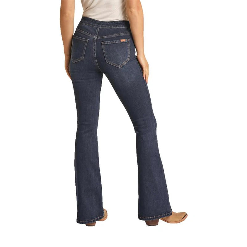 Rock & Roll Ladies Jean - Cowgirl Button Bargain Flare Extra Stretch, Dark Wash