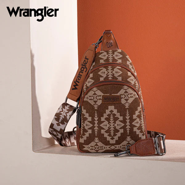 Wrangler Southwestern Print Small Canvas Sling Bag/Crossbody/Chest Bag - Brown WG2212-226