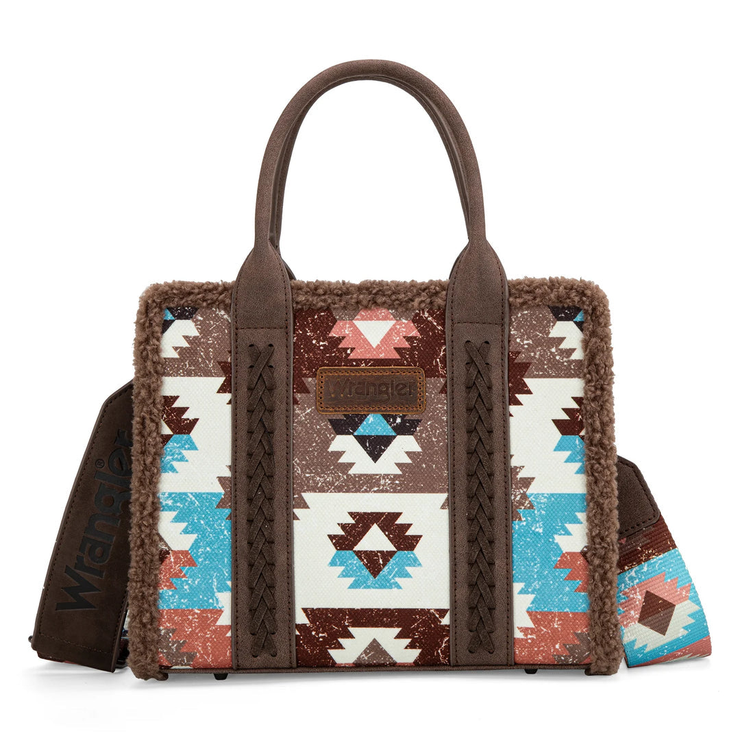 WRANGLER DARK BROWN SHERPA SOUTHWESTERN PRINT SMALL CANVAS TOTE/CROSSBODY - WG166-8120SCF
