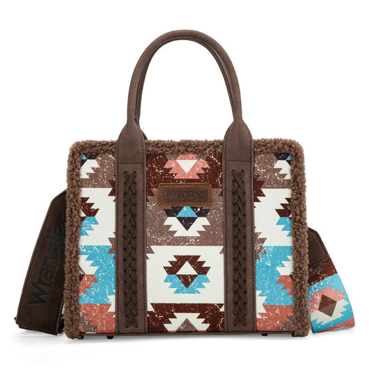 WRANGLER DARK BROWN SHERPA SOUTHWESTERN PRINT SMALL CANVAS TOTE/CROSSBODY - WG166-8120SCF