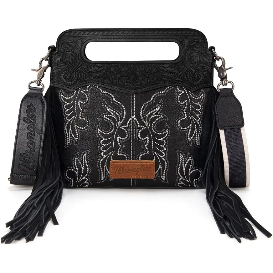 Wrangler Womens Top Handle Embroidered Fringe Tote/Crossbody Bag - WG110-G2010-BK