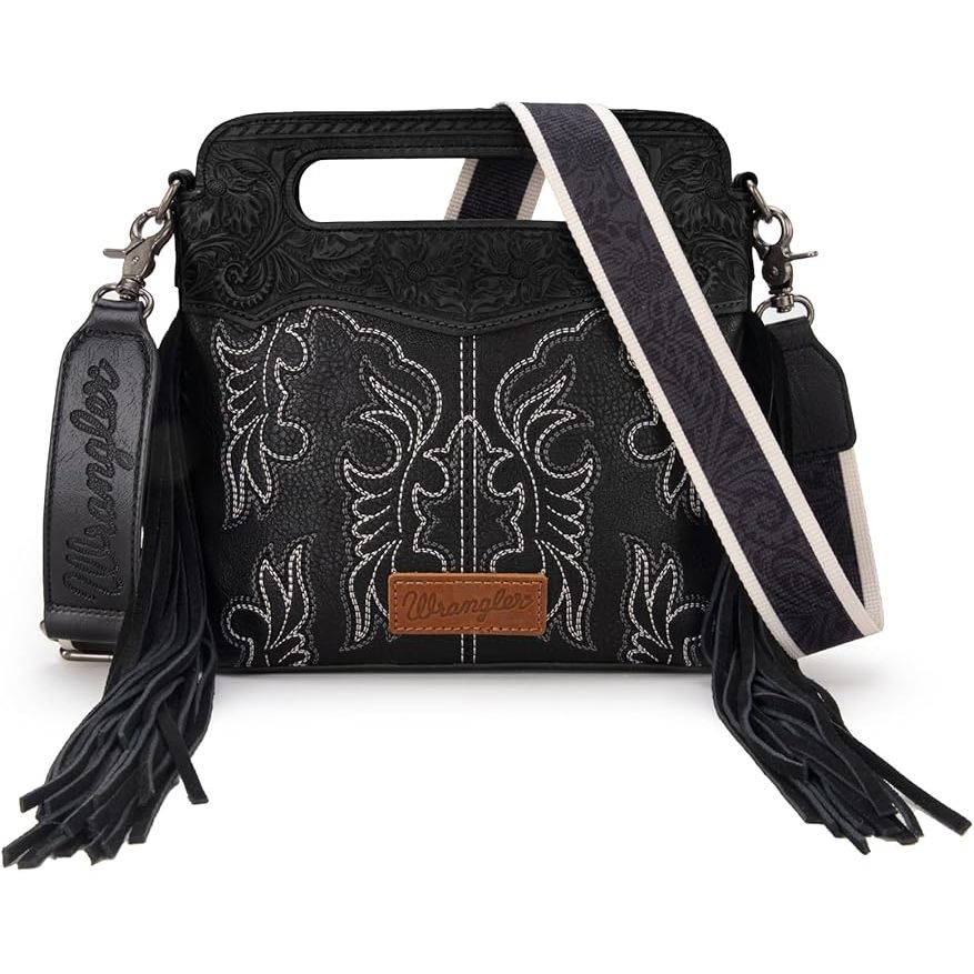 Wrangler Womens Top Handle Embroidered Fringe Tote/Crossbody Bag - WG110-G2010-BK