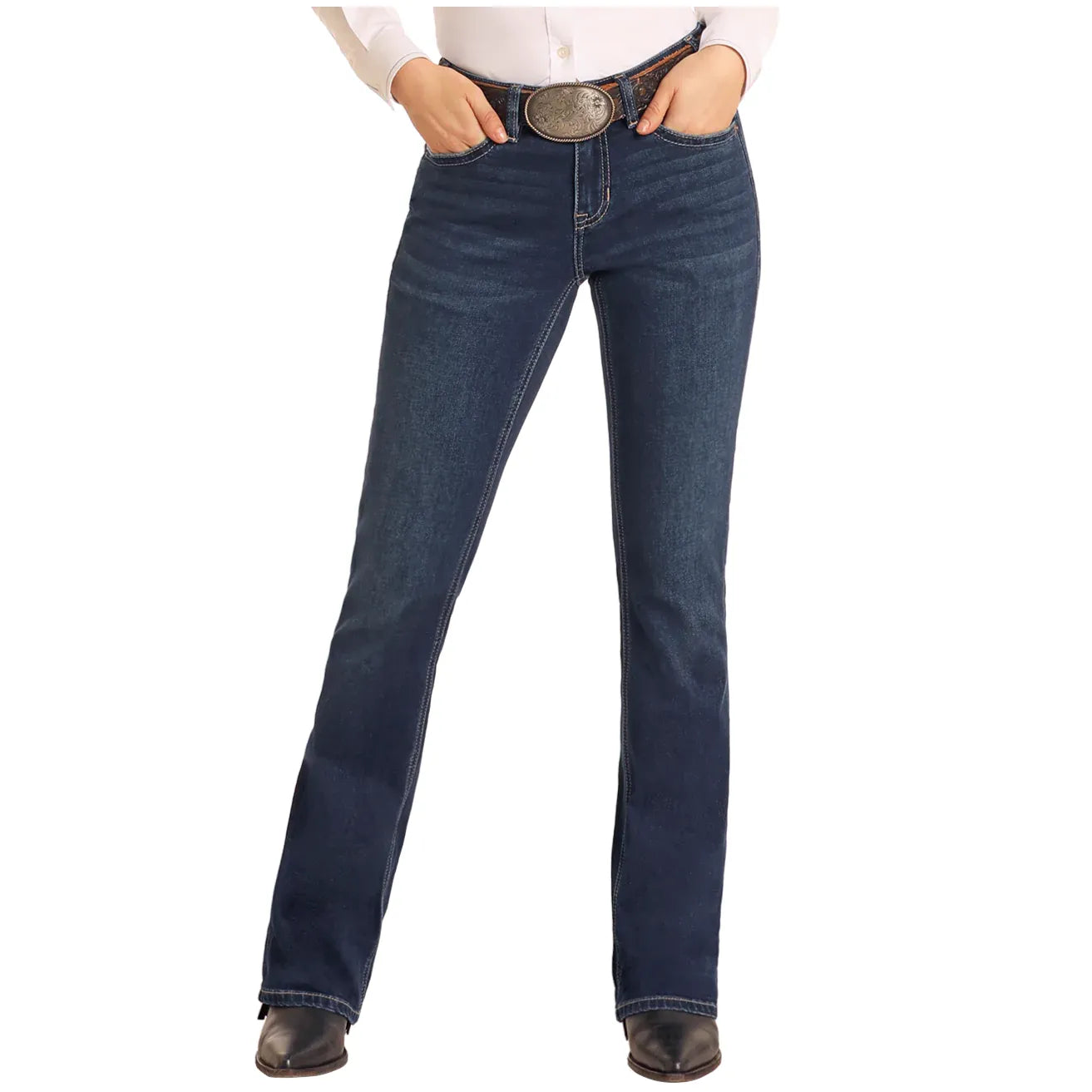 MID RISE DARK WASH CURVED STITCH RIDING JEANS #BW4RD05325