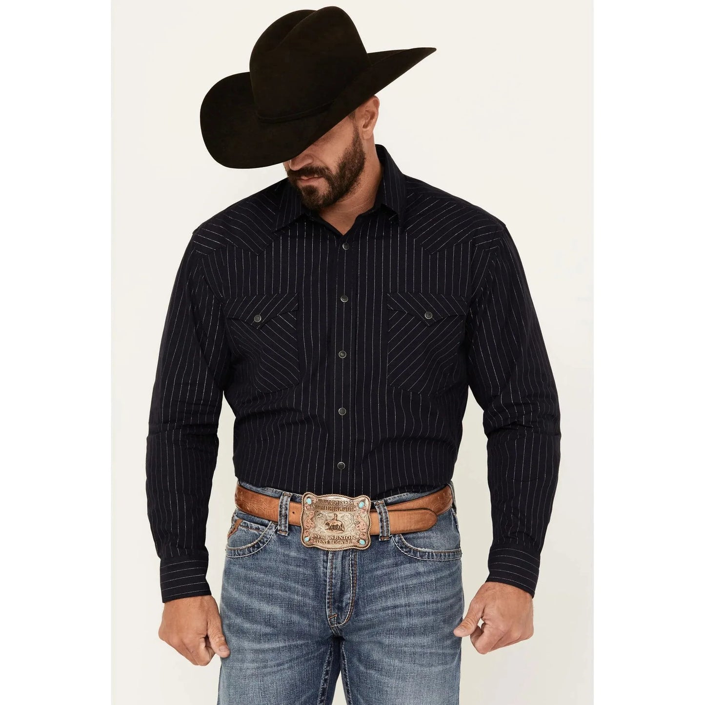 Panhandle Men's Rough Stock LS Snap Blk/Silver Stripe #RMN2S05114