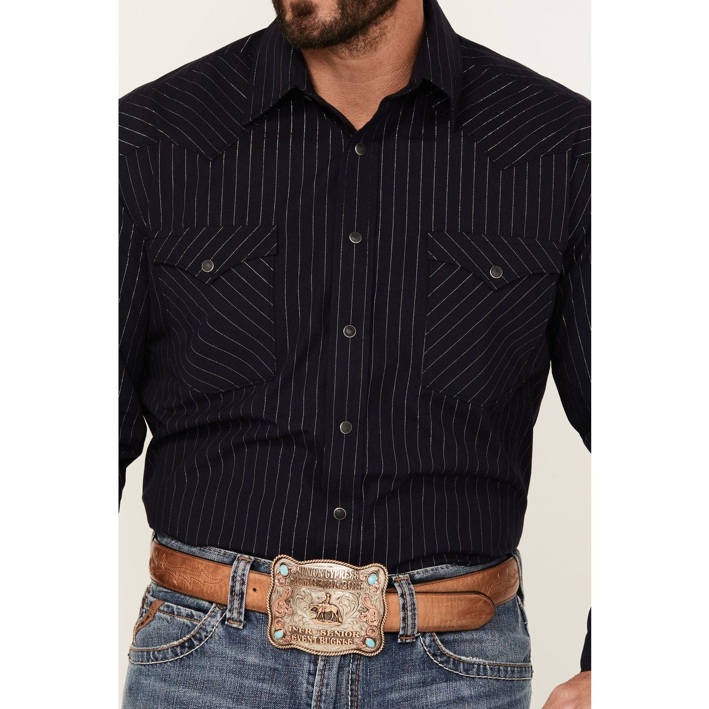 Panhandle Men's Rough Stock LS Snap Blk/Silver Stripe #RMN2S05114