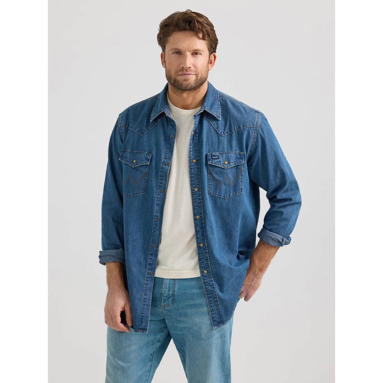 WRANGLER MID WASH DENIM SNAP - MENS SHIRT - 112361701