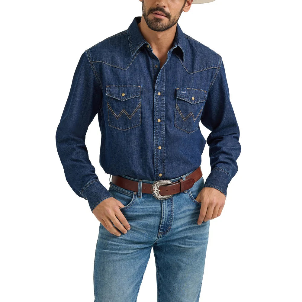 MEN'S WRANGLER® CLASSIC DENIM WESTERN SNAP SHIRT Mid Wash Denim 112361700