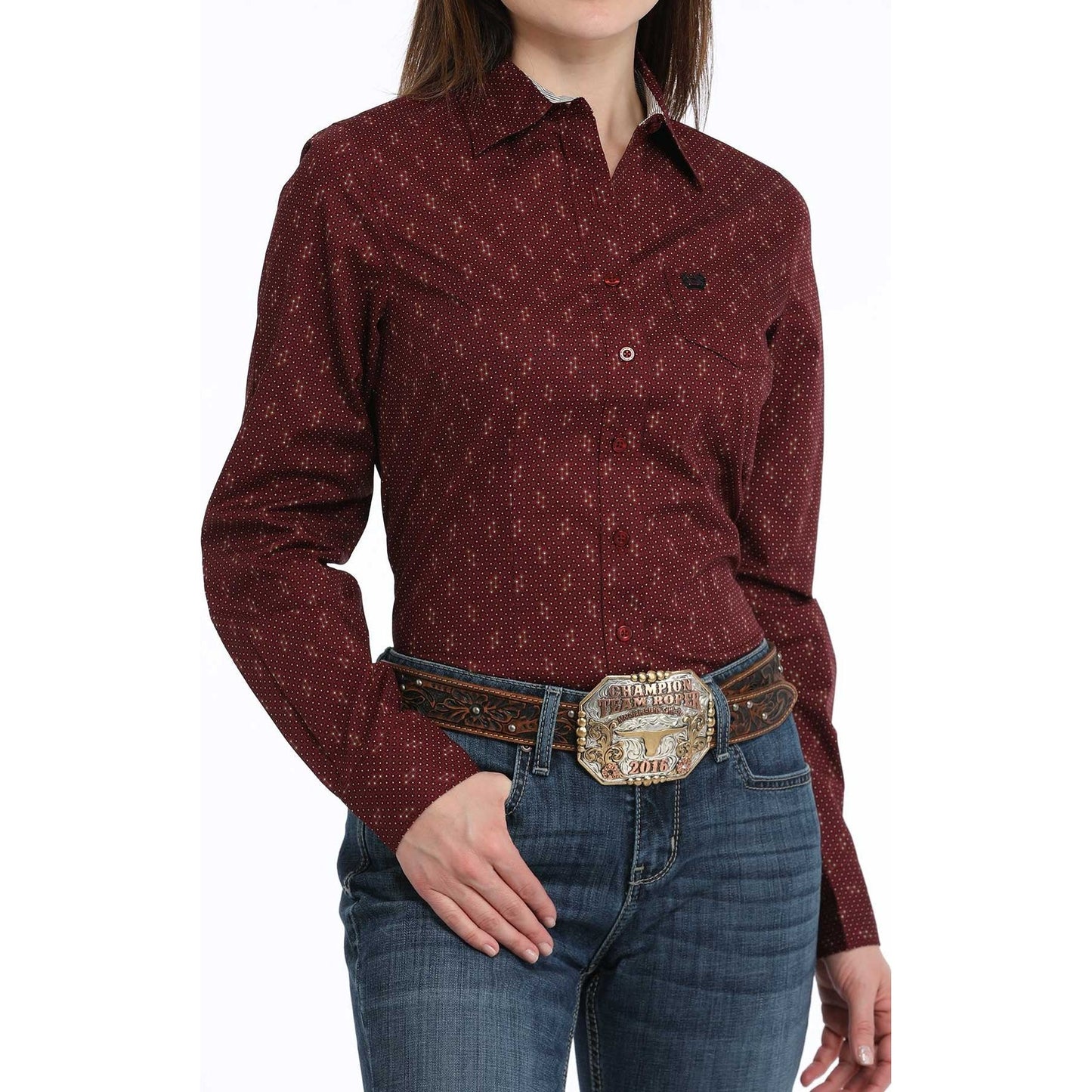 WOMEN'S GEOMETRIC PRINT BUTTON-DOWN WESTERN SHIRT - BURGUNDY MSW9164232