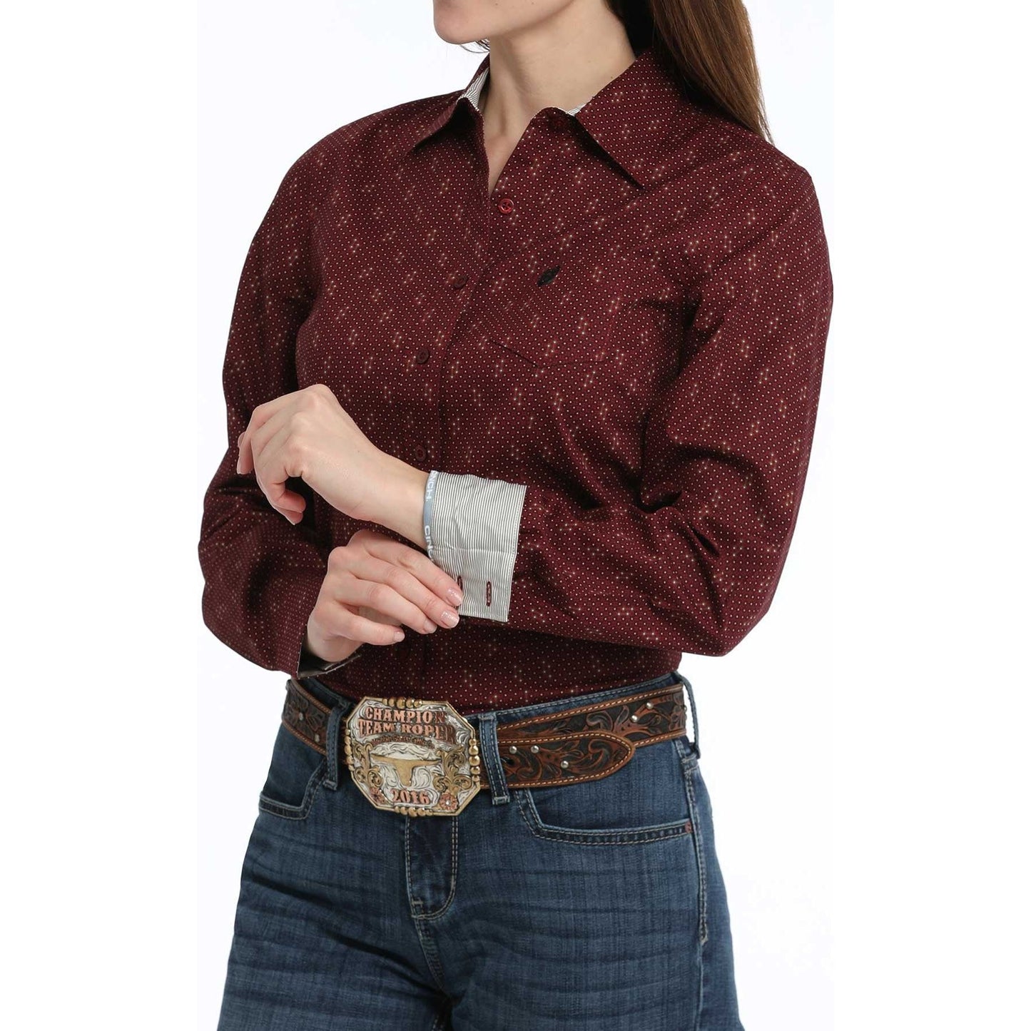 WOMEN'S GEOMETRIC PRINT BUTTON-DOWN WESTERN SHIRT - BURGUNDY MSW9164232