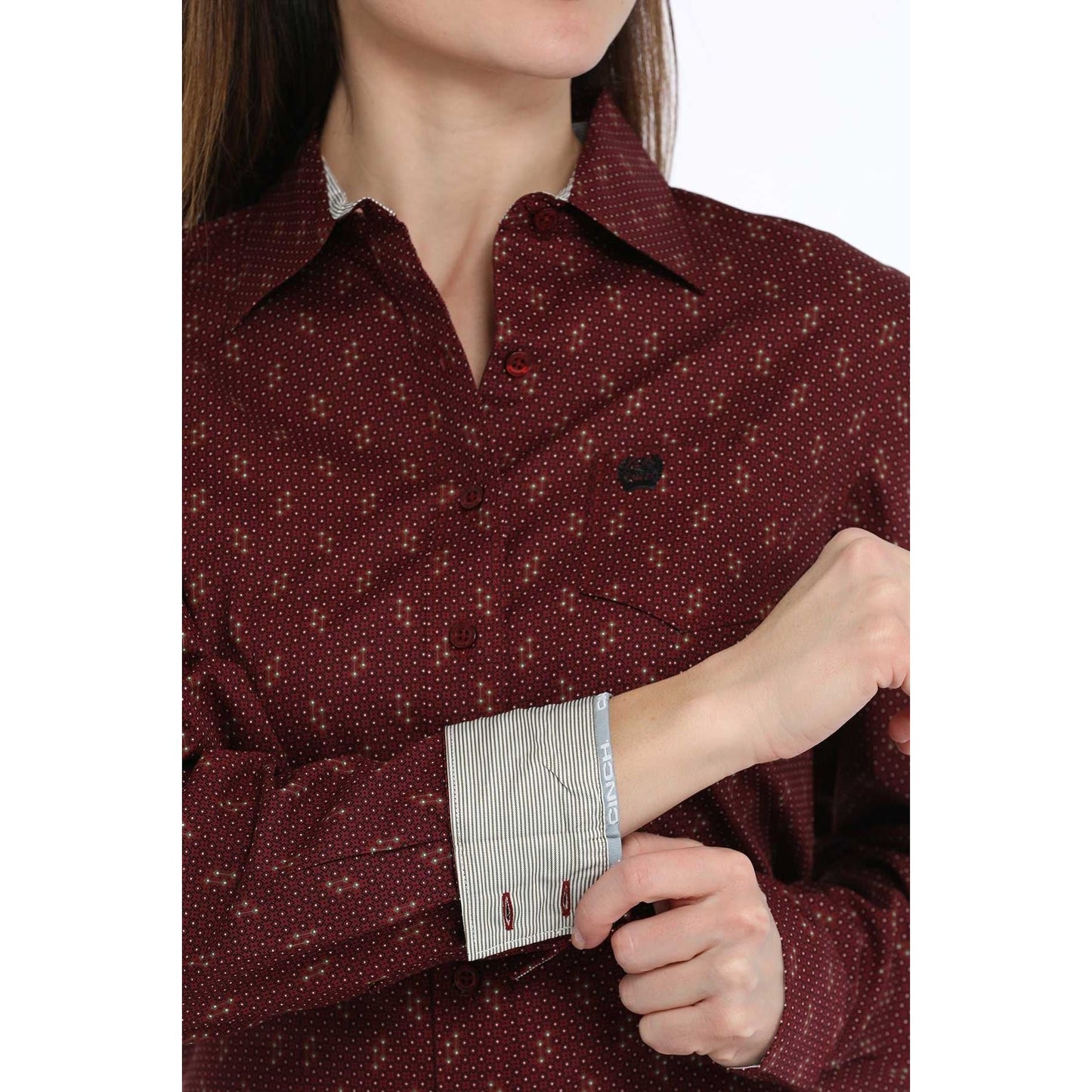 WOMEN'S GEOMETRIC PRINT BUTTON-DOWN WESTERN SHIRT - BURGUNDY MSW9164232