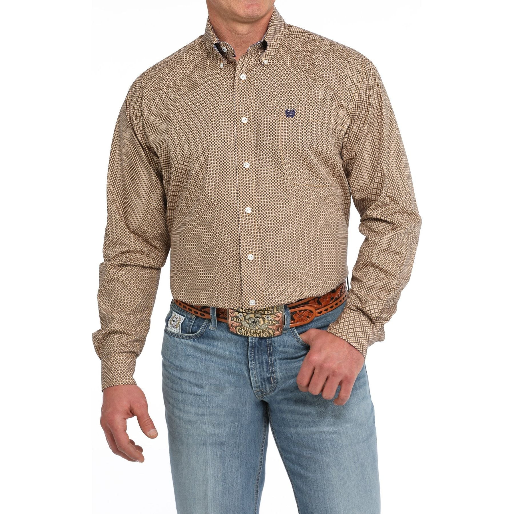 MEN'S GEOMETRIC PRINT BUTTON-DOWN WESTERN SHIRT - GOLD #MTW1105852