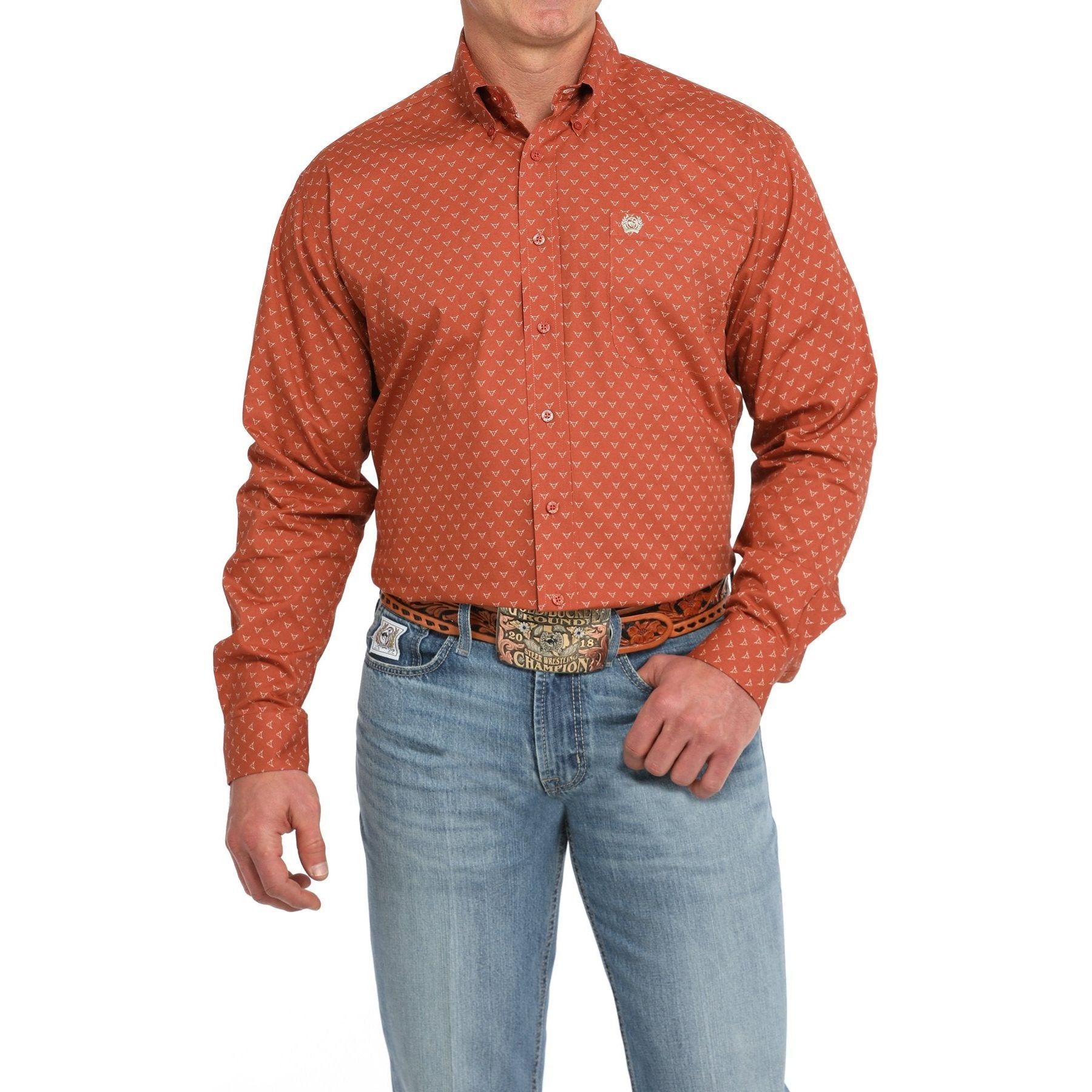 MEN'S STEER PRINT BUTTON-DOWN WESTERN SHIRT - ORANGE #MTW1105847