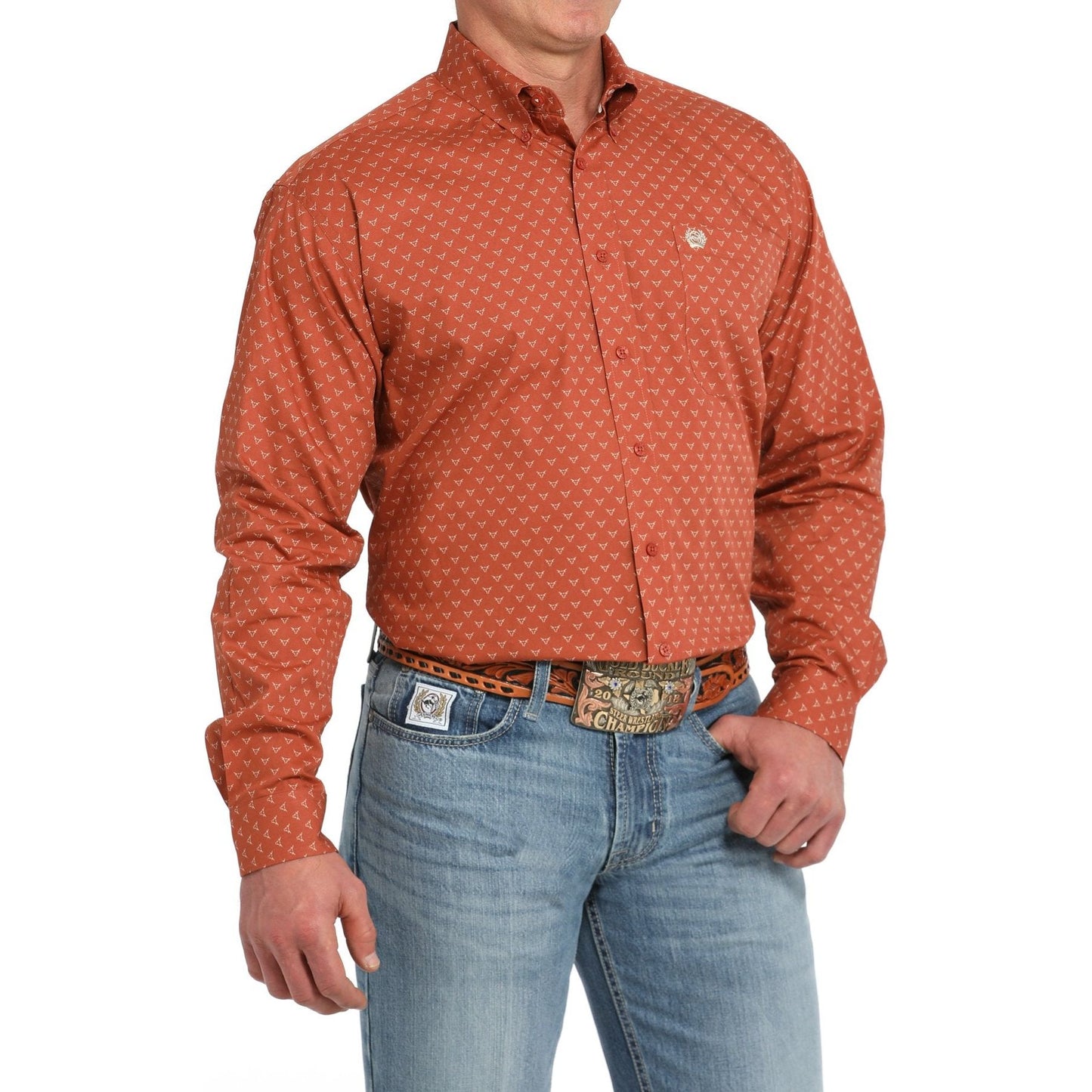 MEN'S STEER PRINT BUTTON-DOWN WESTERN SHIRT - ORANGE #MTW1105847