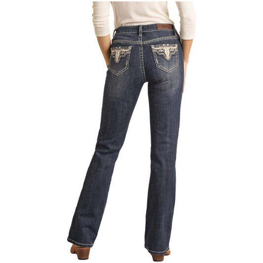 * Rock & Roll Denim Ladies Jean  - Cow Skull Embroidered, Mid Rise, Bootcut BW4MD02968