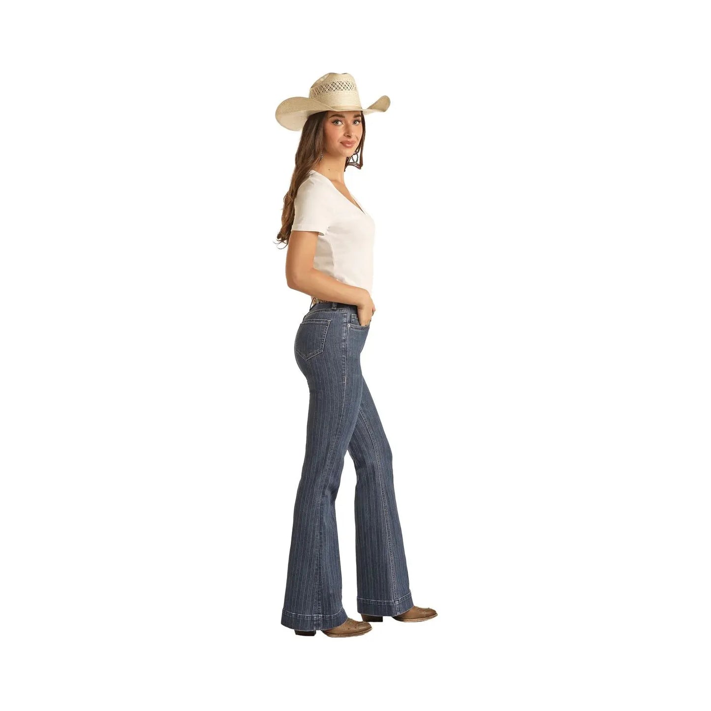 Rock & Roll Denim Ladies Trouser - Jacquard High Rise, Dark Wash BW5HD03582