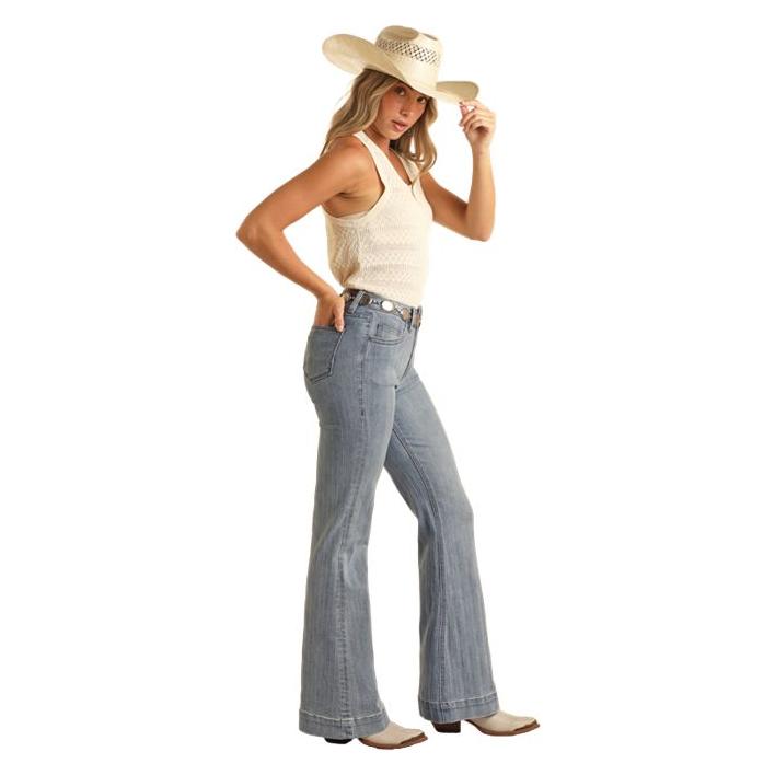 * Rock & Roll Denim Ladies Trouser - Jacquard High Rise, Med Wash BW5HD03991