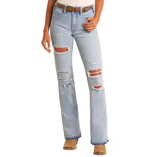 * Rock & Roll Ladies Jean, Light Wash, Distressed, High Rise, Boot Cut BW4HD06037