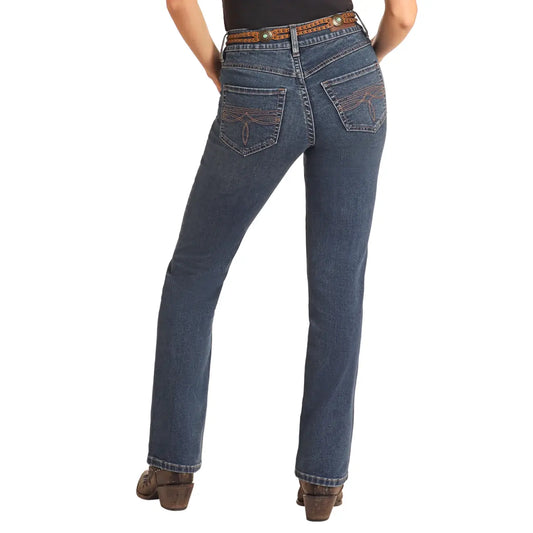 Rock & Roll Ladies Jean, Boot-stitch Pocket, Med Wash, High Rise, Boot Cut BW4HD06384