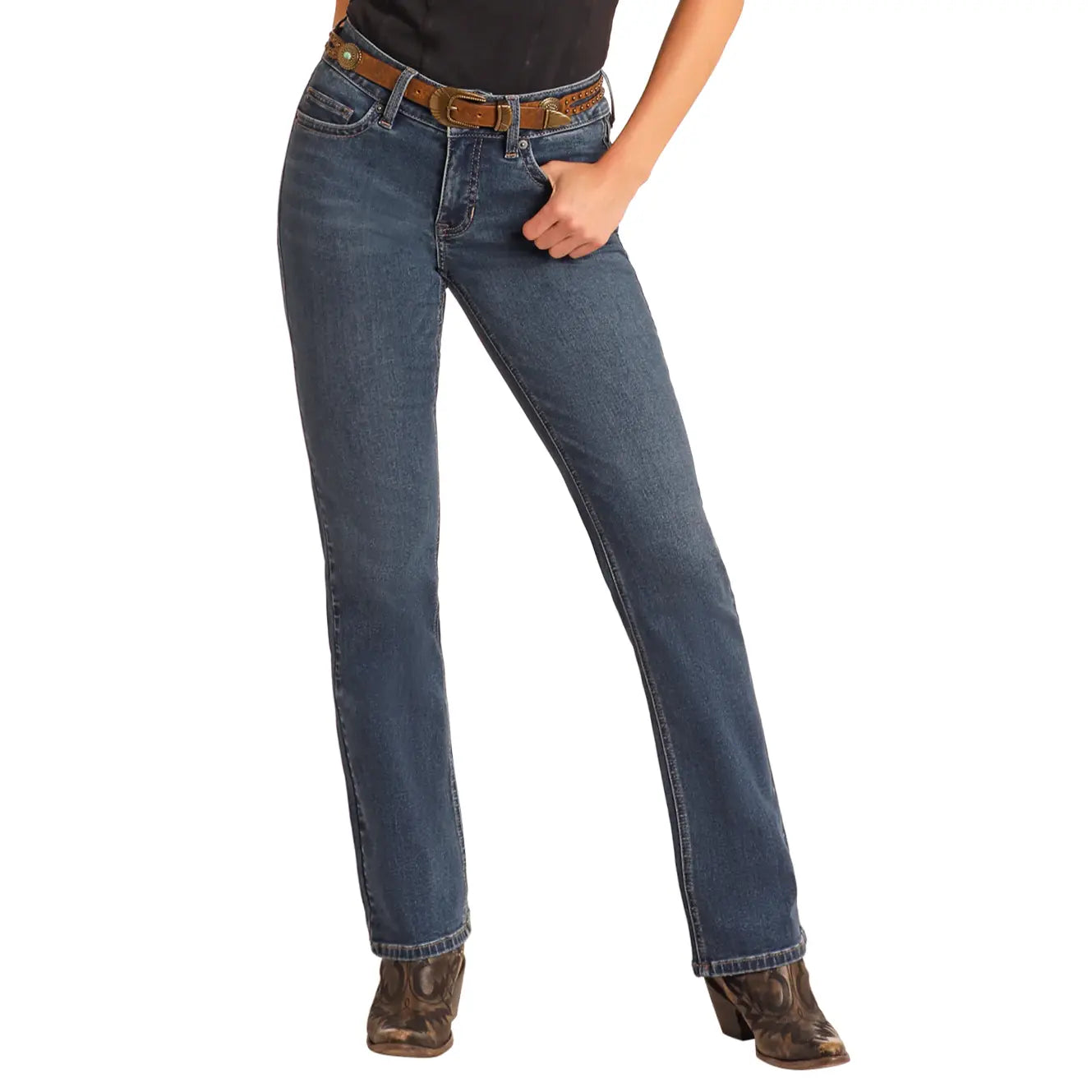 * Rock & Roll Ladies Jean, Boot-stitch Pocket, Med Wash, High Rise, Boot Cut BW4HD06384