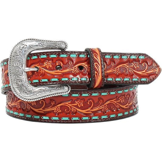 Ariat Ladies Belt - Brown Tooled Leather w/ Turquoise Lacing A1590101