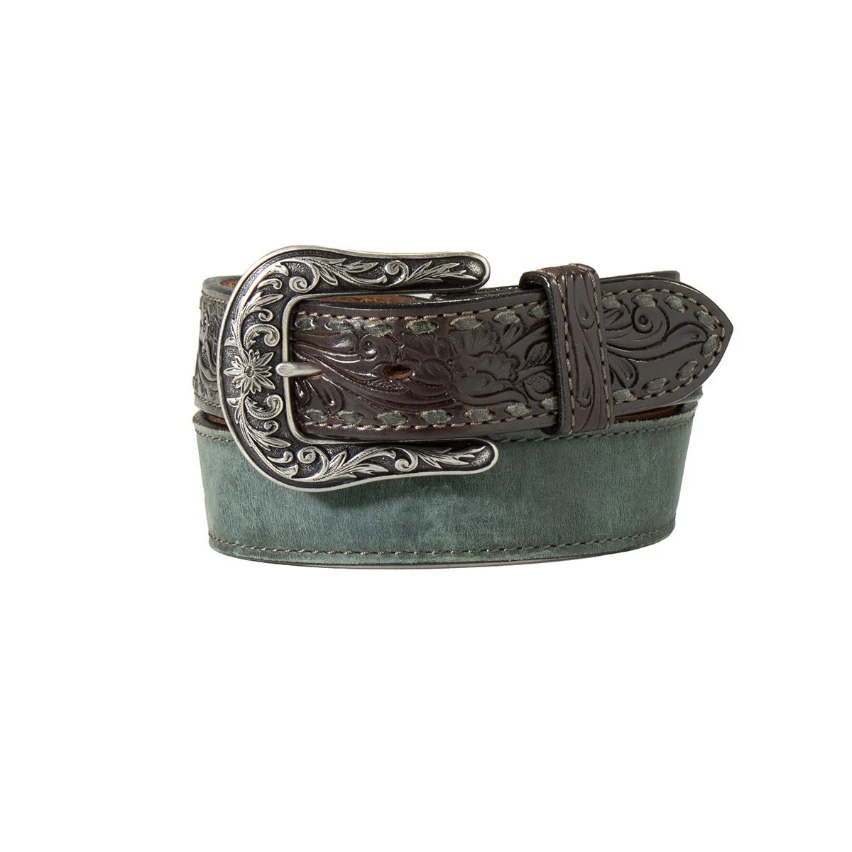 Angel Ranch - Ladies Belt, Tooled Leather Ends, Emrald Strap D1400061137