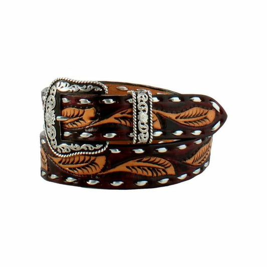 Angel Ranch - Ladies Belt, Maroon Tooled  Leaf w/ Foil Whip Stitch D1400046207