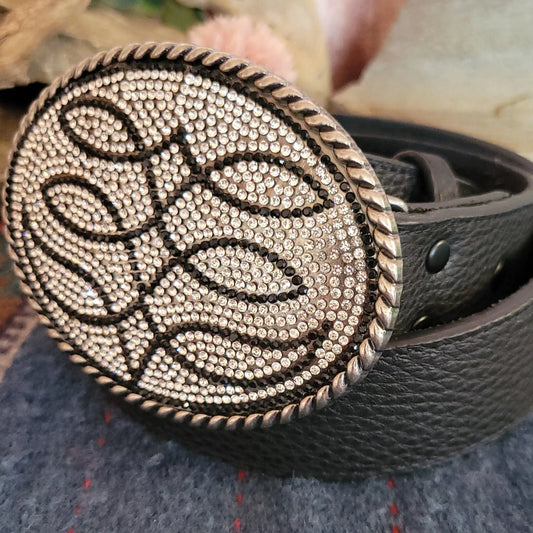 Angel Ranch - Ladies Belt, Black Leather with Rhinestone Bootstitched Buckle, D140010401