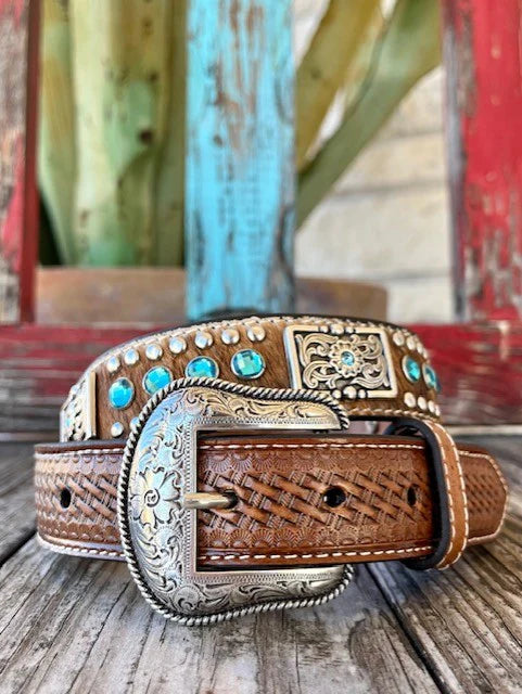 Nocona Youth Belt-  Calf Hide, Blue Rhinestone, Concho, N4419302
