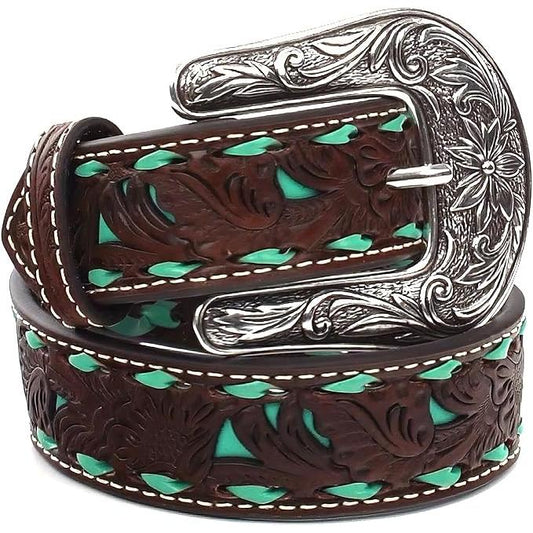 Nocona Kids Belt - Floral Tooled Leather, Turquoise Inlay & Lacing, N4439608