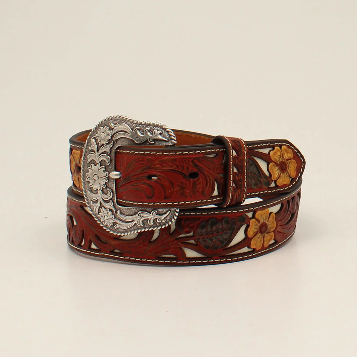 Nocona Ladies Belt - Floral with Red Overlay & Cream Underlay N320003504
